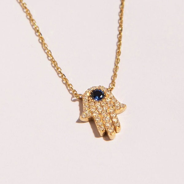 Diamond Fatima Hamsa Hand Necklace | Blue Sapphire Hand of Fatima Protection Jewelry Gift for Mother | 14k Solid Gold Christmas Jewelry