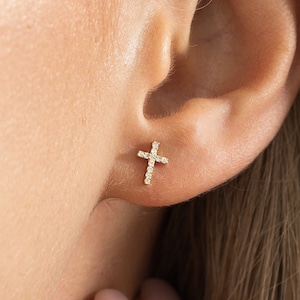 Diamond Tiny Cross Stud Earrings / 14k Solid Gold / 0.10 Ct Real Diamond Cross Studs for Women / 14k Gold Dainty Religious Jewelry Gifts
