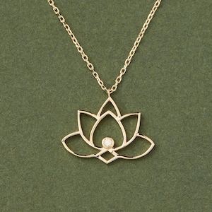 Lotus Flower Necklace 14k Solid Gold | Diamond Yoga Pendant Summer Jewelry | Chakra Charm Mother&#39;s Day Gift | Dainty Genuine Diamond Choker