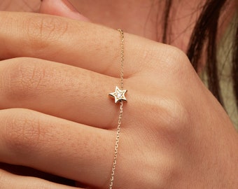 Diamond Star Charm Bracelet | 14k Solid Gold Celestial Bracelet for Women | 0.02 Ct Diamond Tiny Star Bracelet | 14k Gold Star Charm Gift