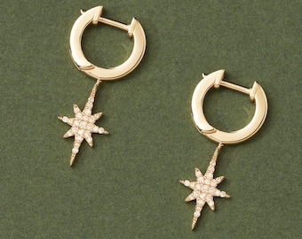 Diamond North Star Dangle Earrings / 14k Solid Gold / 0.2 Ct Real Diamond Dangle Hoop for Women / 14k Gold Dainty Starbust Celestial Jewelry