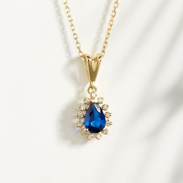 Blue Sapphire Necklace in 14k Solid Gold | Sapphire Pendant Real Diamond Jewelry for Women | Dainty Sapphire Necklace Jewelry Valentine Gift