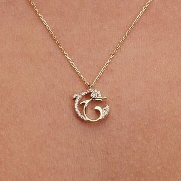 Real 0.12 Ct Diamond Dolphin Necklace Jewelry | 14k Solid Gold Best Friend Pendant | Gift for Christmas | 14k Dainty Fish Necklace for Women