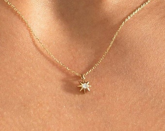 Diamond Sun Necklace | 14k Solid Gold Sunburst Pendant Gift for Mother | Minimalist Tiny Sun Charm Prom Jewelry | Christmas Gift for Women