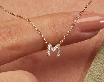 Diamond Initial Letter Necklace / 14k Solid Gold / 0.08 Ct Real Diamond Dainty Pendant Necklace / Personalized Gift / Custom Jewelry