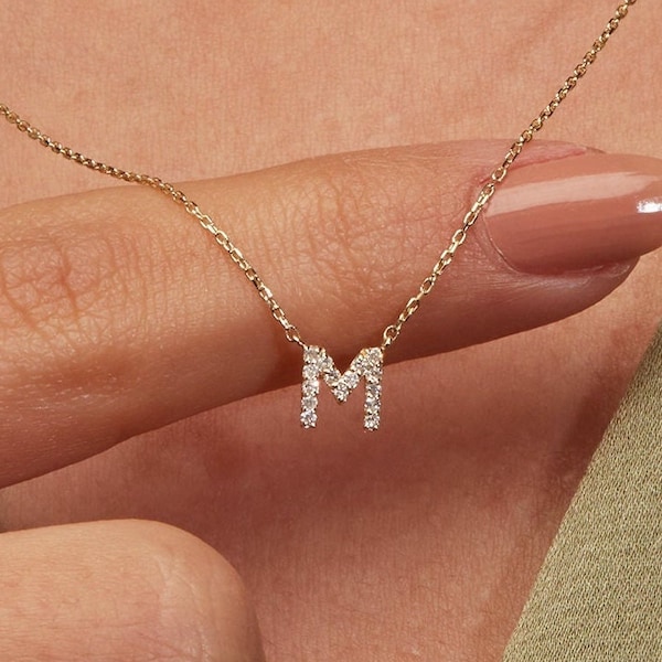 Diamond Initial Letter Necklace / 14k Solid Gold / 0.08 Ct Real Diamond Dainty Pendant Necklace / Personalized Gift / Custom Jewelry