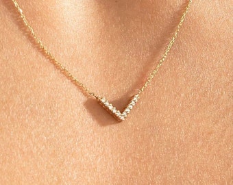 0.10 Ct Diamond Chevron Necklace Gift for Valentine | 14k Solid Gold V Shaped Pendant Jewelry for Women | Diamond Chevron Necklace for Her