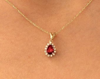 Red Ruby Necklace in 14k Solid Gold for Women | Diamond Ruby Jewelry Anniversary Gift | Tear-drop Ruby Pendant Necklace Valentine Day&#39;s Gift