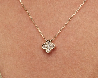Diamond Flower Necklace | 14k Solid Gold Four Leaf Clover Pendant Jewelry Gift for Mom | Tiny Shamrock Clover Charm Graduation Gift for Her