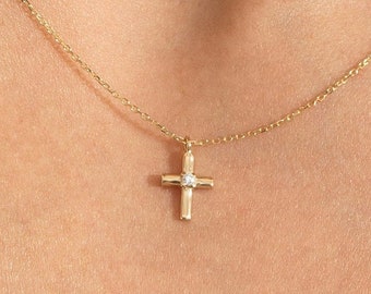 Small Diamond Cross Necklace Christmas Gift | Real 14k Solid Gold Religious Jewelry for Women | Tiny Crucifix First Communion Gift for Her