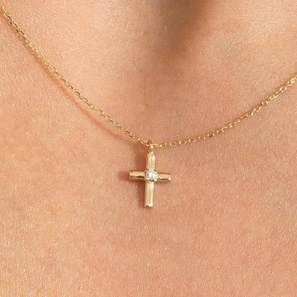 Kleine Diamant-Kreuz-Halskette für Damen | Echter religiöser Schmuck aus 14-karätigem Gold für Frauen | Kleines Kruzifix-Geschenk zur Erstkommunion für Sie