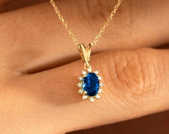 Blue Sapphire Necklace Jewelry Valentine Gift | 14k Solid Gold Sapphire Pendant Jewelry for Women | Diamond Oval Sapphire Necklace Jewelry