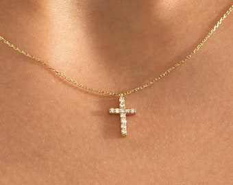 0.18 Ct Diamond Cross Necklace | Crucifix Pendant in Real 14k Solid Gold | Diamond Religious Jewelry | Diamond First Communion Gift for Her