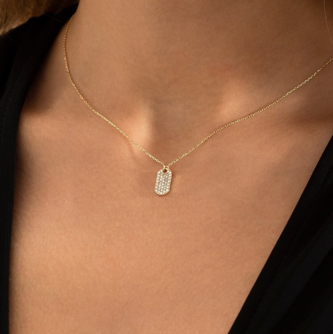 White Dog Tag Pendant Diamond Dog Tag Necklace Bridal Jewelry Dainty