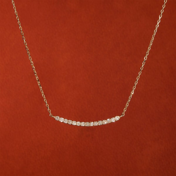 0,17 Ct Pave Diamant Bar Halskette für Frauen | 14k solides Gold zierliche gebogene Bar Weihnachtsgeschenk | Echter Diamant Brautschmuck für Frauen