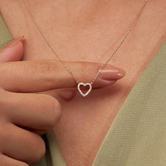 14K Solid White Gold Heart Necklace Minimalist Heart 