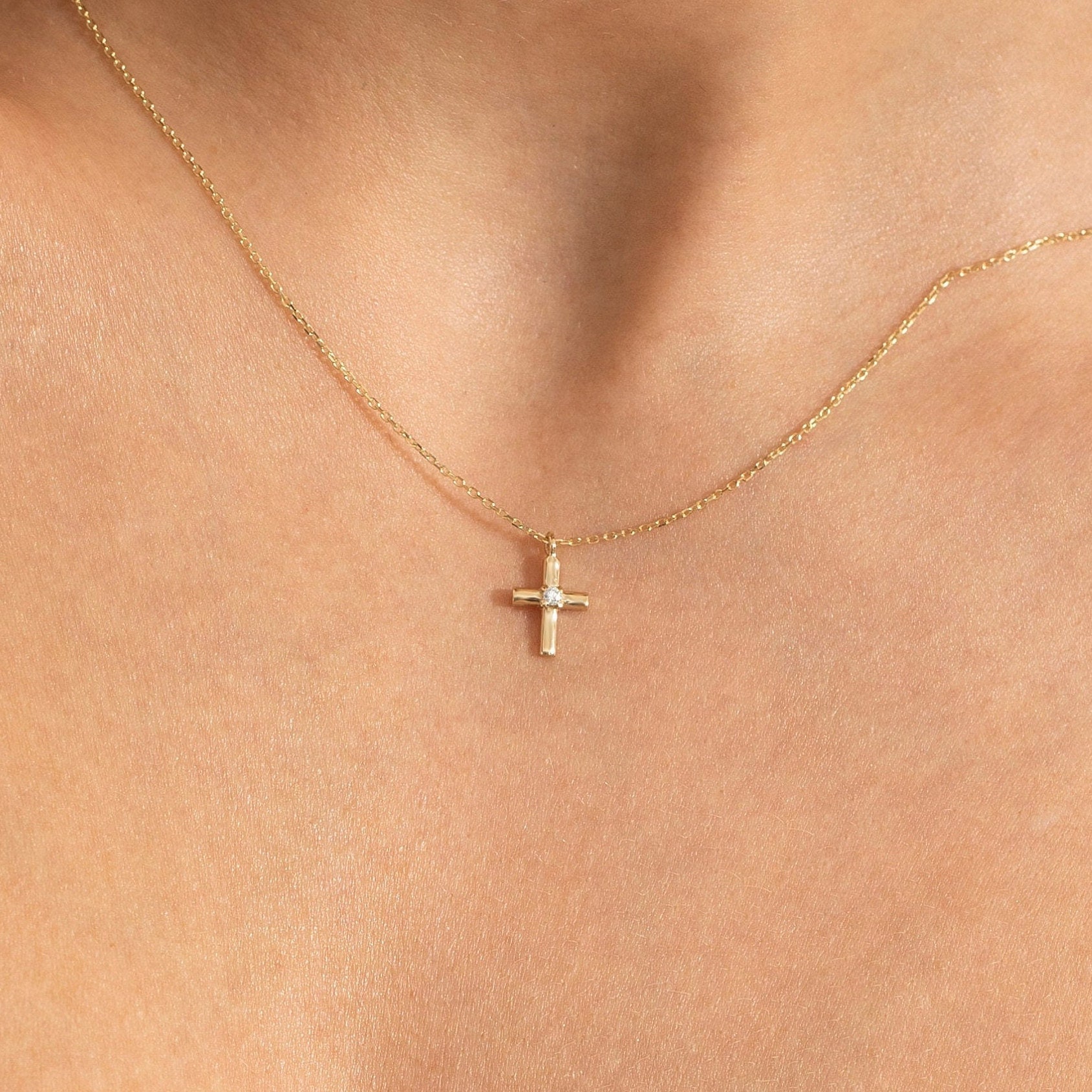 Small Diamond Cross Necklace for Women | Real 14k Solid Gold Religious Jewelry for Women | Tiny Crucifix First Communion Gift for Her
