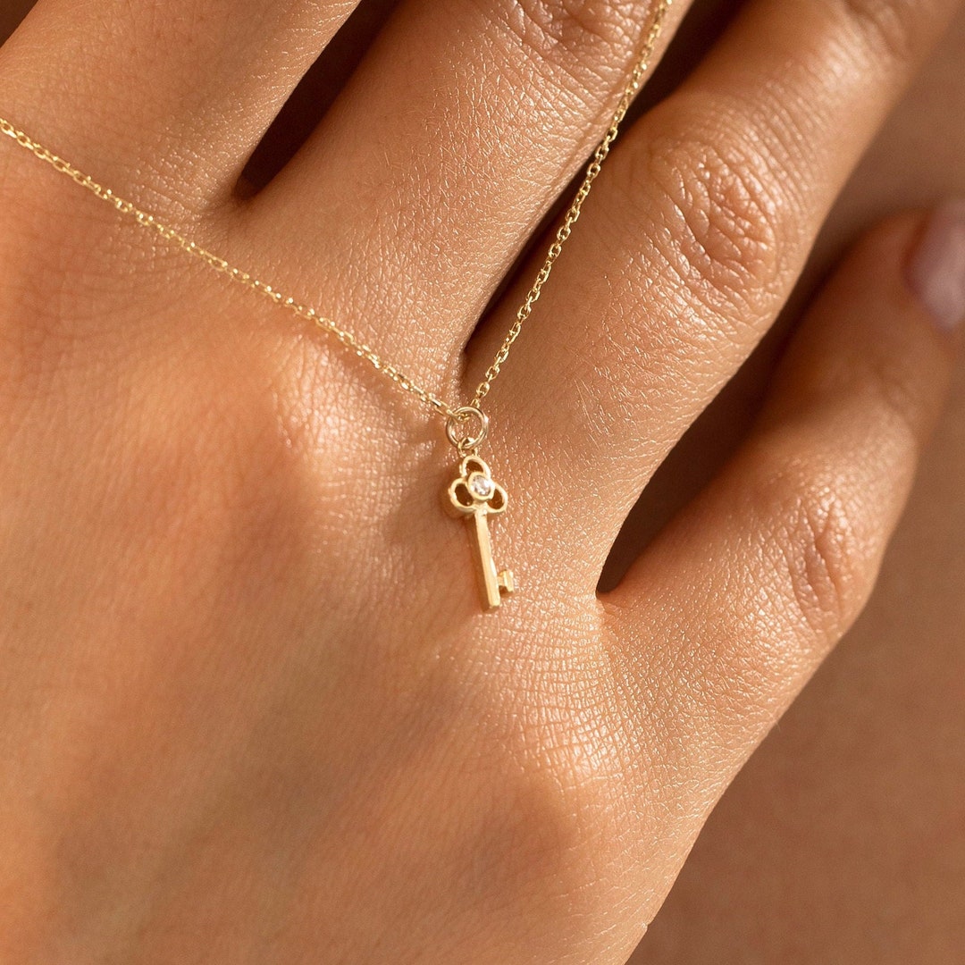 Diamond Tiny Key Necklace Valentine Gift | 14k Solid Gold