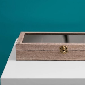 Brown wooden tea box with glass lid and compartments, rustic tea box , gift for him , jewelry storage, crystals display box