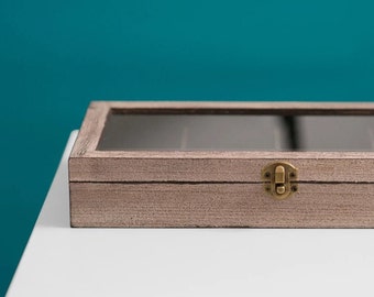 Caja de té de madera marrón con tapa y compartimentos de vidrio, caja de té rústica, regalo para él, almacenamiento de joyas, caja de exhibición de cristales