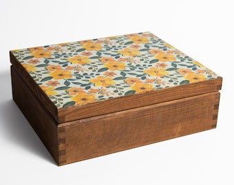 Rustic wooden tea box with yellow flowers , kitchen storage box with 9 sections , tea organizer gift for her , teebox holz