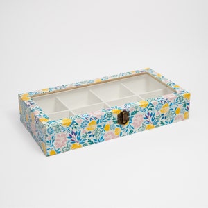Scatola da tè in legno con fiori e coperchio in vetro, organizer per bustine da tè con 8 scomparti, scatola portagioie, regalo per bevitori di tè, regalo primaverile