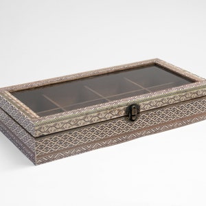 Geometry vintage style wooden tea  box with glass lid , crystals storage  ,  dad boyfriend gift , teabags holder box , tea bags organiser