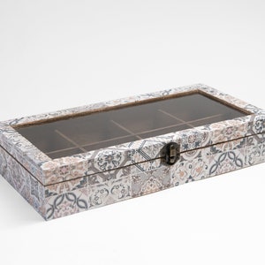 Houten theedoos met glazen deksel, organisator talaveros decoupage theezakjes, theehouderdoos 8 secties, cadeau nieuw huis, huwelijkscadeau