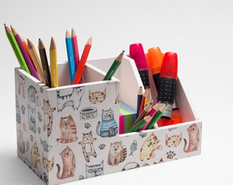 Desk organizer for cat lovers , cat mom gift pens holder with sections for workspace , cat theme gift for make up brushes ,kittens and paws