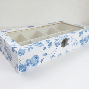 Blue flowers wooden tea box with glass lid , teabags holder with 8 sections , floral gift for her