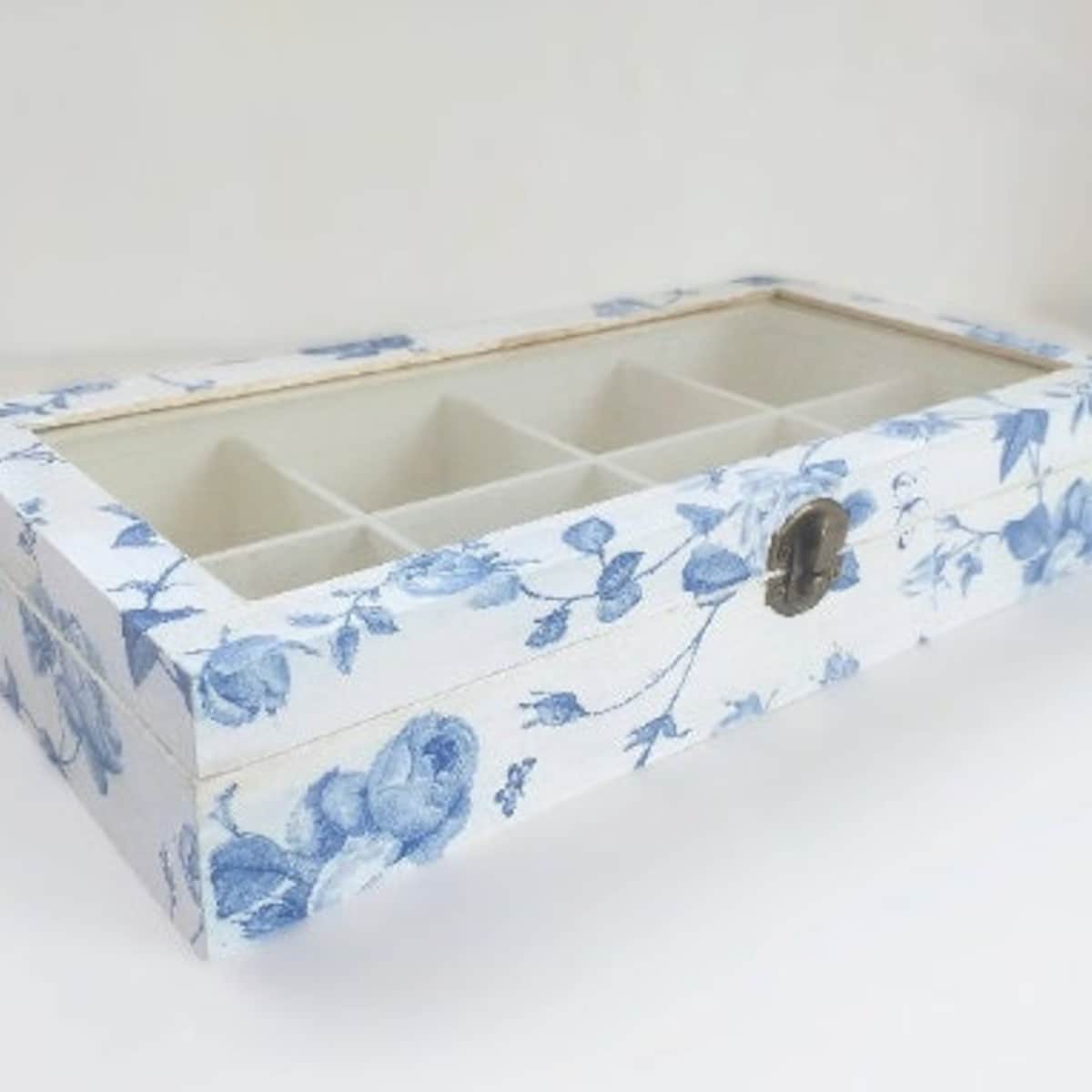 Blue Flowers Wooden Tea Box With Glass Lid , Teabags Holder With 8 Sections , Floral Gift for Her - Etsy