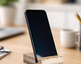 Wooden Phone Stand, Sheet Music Decoupage, Desk Holder, Office Decor