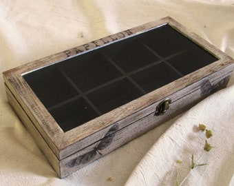 Butterflies wooden tea box, rustic tea box, compartment jewelry box, stones display, collectors box , box glass lid, under 50 tea bags box