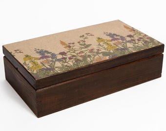 Flowers wooden tea box, gift mother day, tea bags organiser,  storage box 8 sections vintage style,decoupage rustic keepsake box for mum,