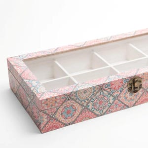 Scatola da tè mandala, regalo per amanti del benessere, scatola da tè geometrica in legno, organizer da tè mandala, scatola portagioie mandala, nuova casa, regalo per amanti del tè