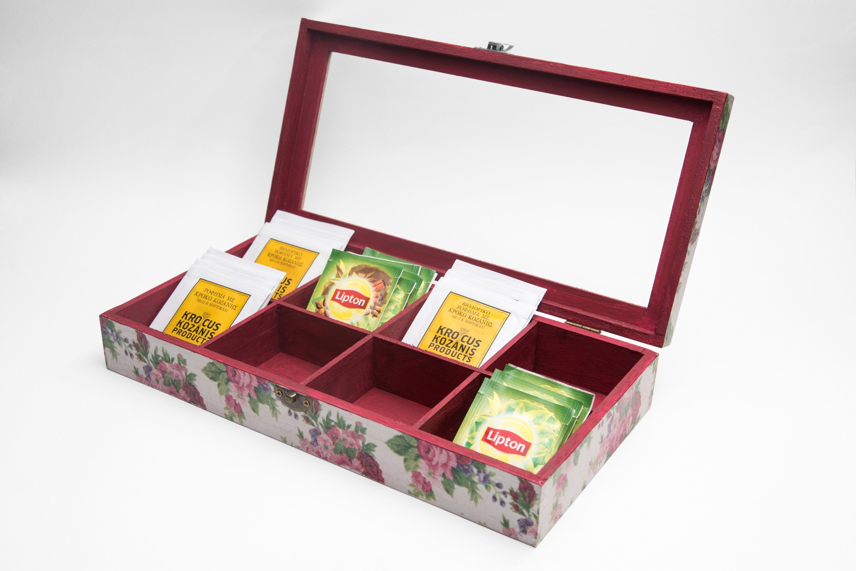 Red Roses Wooden Tea Box With Glass Lid, Floral Jewellery Box, Teabags