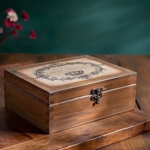 Vintage Wooden Tea Box: Decoupage French Typography, 6 Compartments