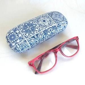 Tiles hard glasses case ,decoupage case for glasses , mosaic blue and white , gift for her , glasses storage box