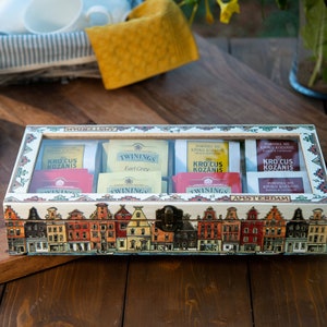 Wooden tea box, Amsterdam canal houses tea bags organiser with glass lid , storage box for tea with sections, kitchen decor and storage