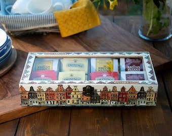 Wooden tea box, Amsterdam canal houses tea bags organiser with glass lid , storage box for tea with sections, kitchen decor and storage