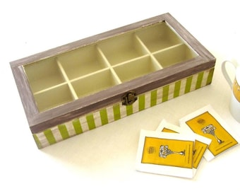 Boîte à thé en bois à rayures avec couvercle en verre , porte-sachets de thé country , boîte de rangement pour le thé , cadeau pour la maison neuve , boîte de cuisine country , boîte de 8 sections