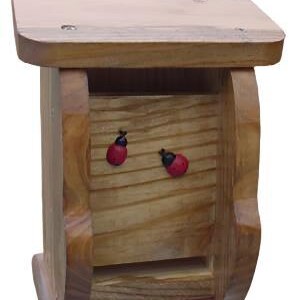 May include: A wooden birdhouse with a hinged door and a small roof. The birdhouse is decorated with two red ladybugs.