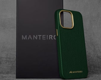 Manteiro iPhone 14 Pro Max Genuine Grain Embossed Leather Green Premium Luxury Case With Magsafe Wireless Charging