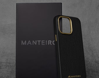 Manteiro iPhone 14 Pro Max Cuir véritable gaufré Noir Étui de luxe haut de gamme avec chargement sans fil Magsafe