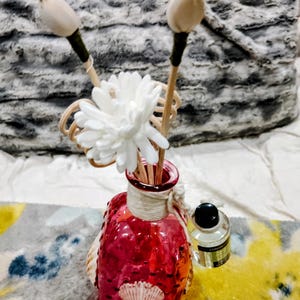 Pode incluir: Uma garrafa de difusor de vidro vermelho com uma flor branca e varetas de madeira. A garrafa tem uma superfície texturizada e é decorada com conchas. O difusor está sentado em um tapete colorido.