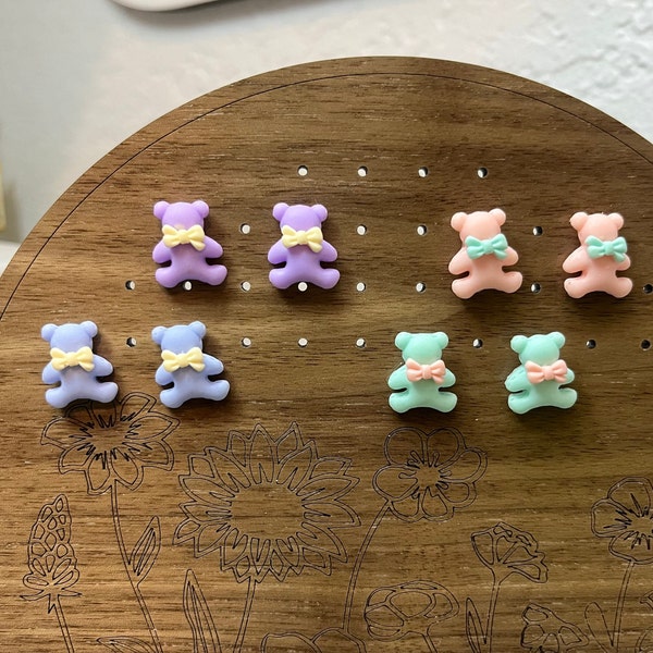 Pastel Teddy Bear With Bow Stud Earrings