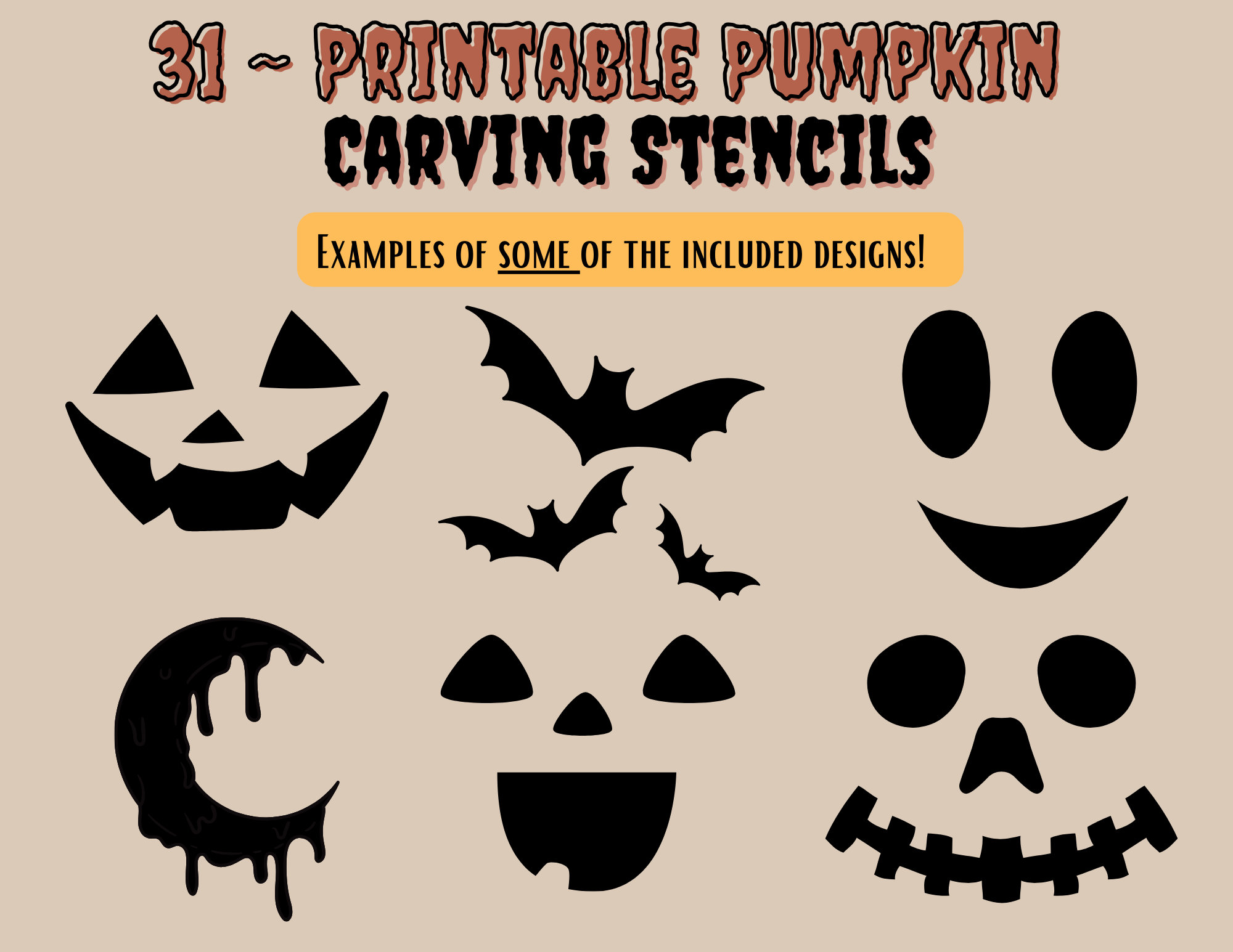 31 Printable Pumpkin Carving Stencils Template, Jack O Lantern Faces/ghosts/bats Perfect for ...