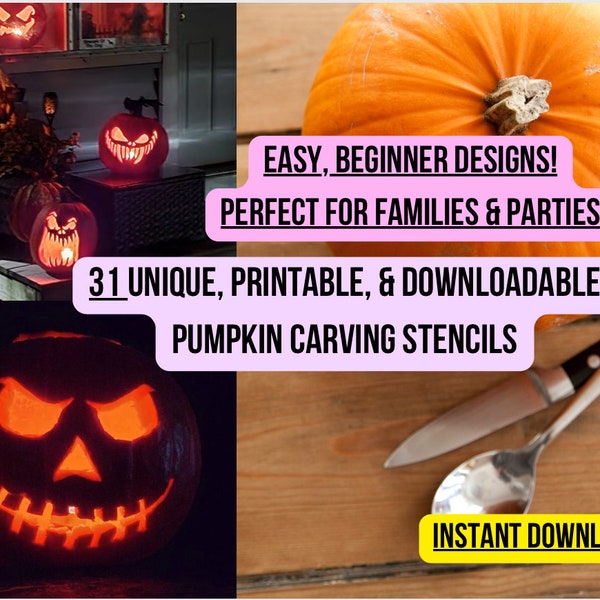 31 Printable Pumpkin Carving Stencils Template, Jack O Lantern Faces/Ghosts/Bats ~ Perfect for Halloween Party, Beginners, & Easy