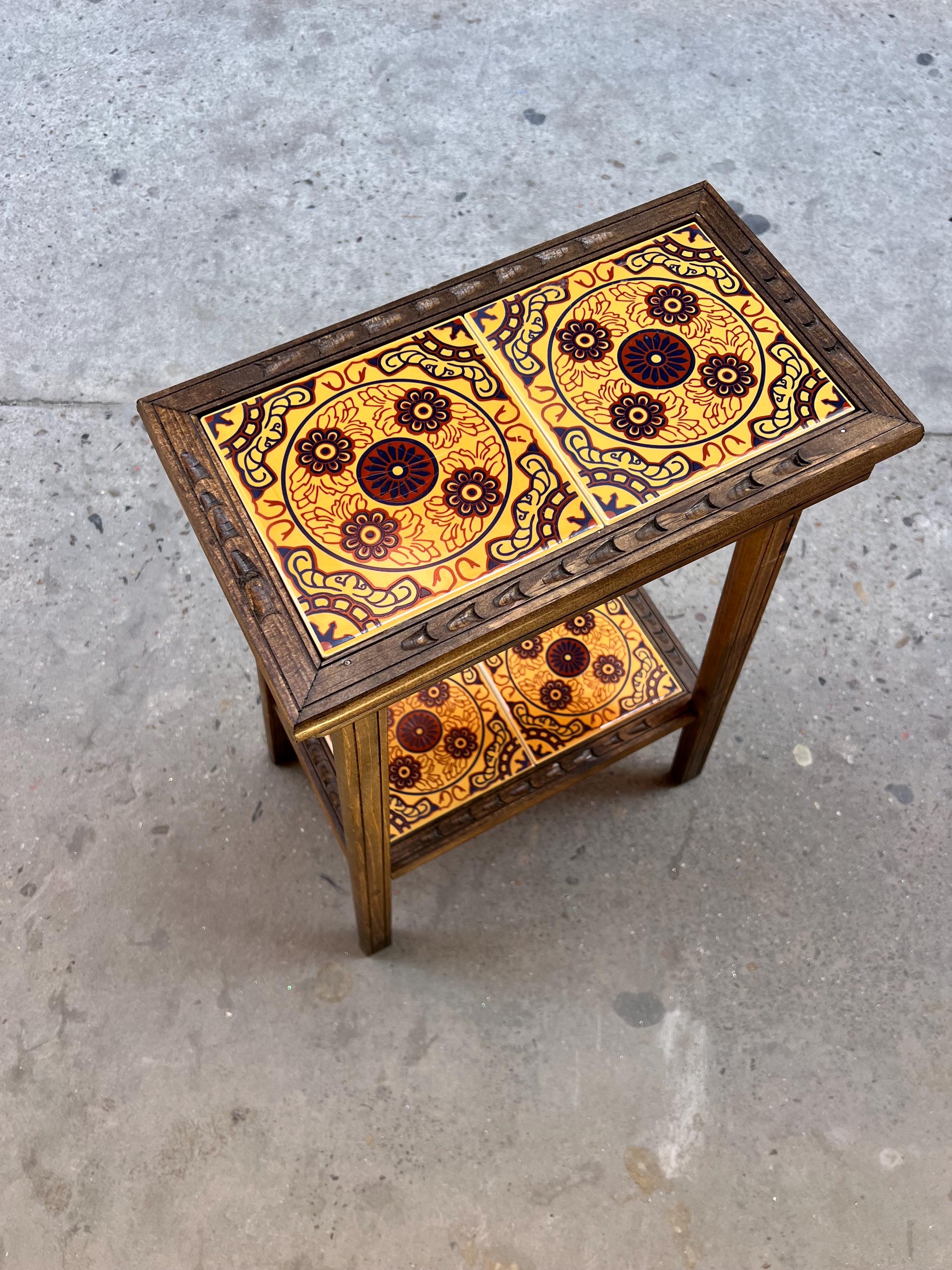 Hand-painted Mexican Tile End Table: Carved Wood Plant Stand, Side