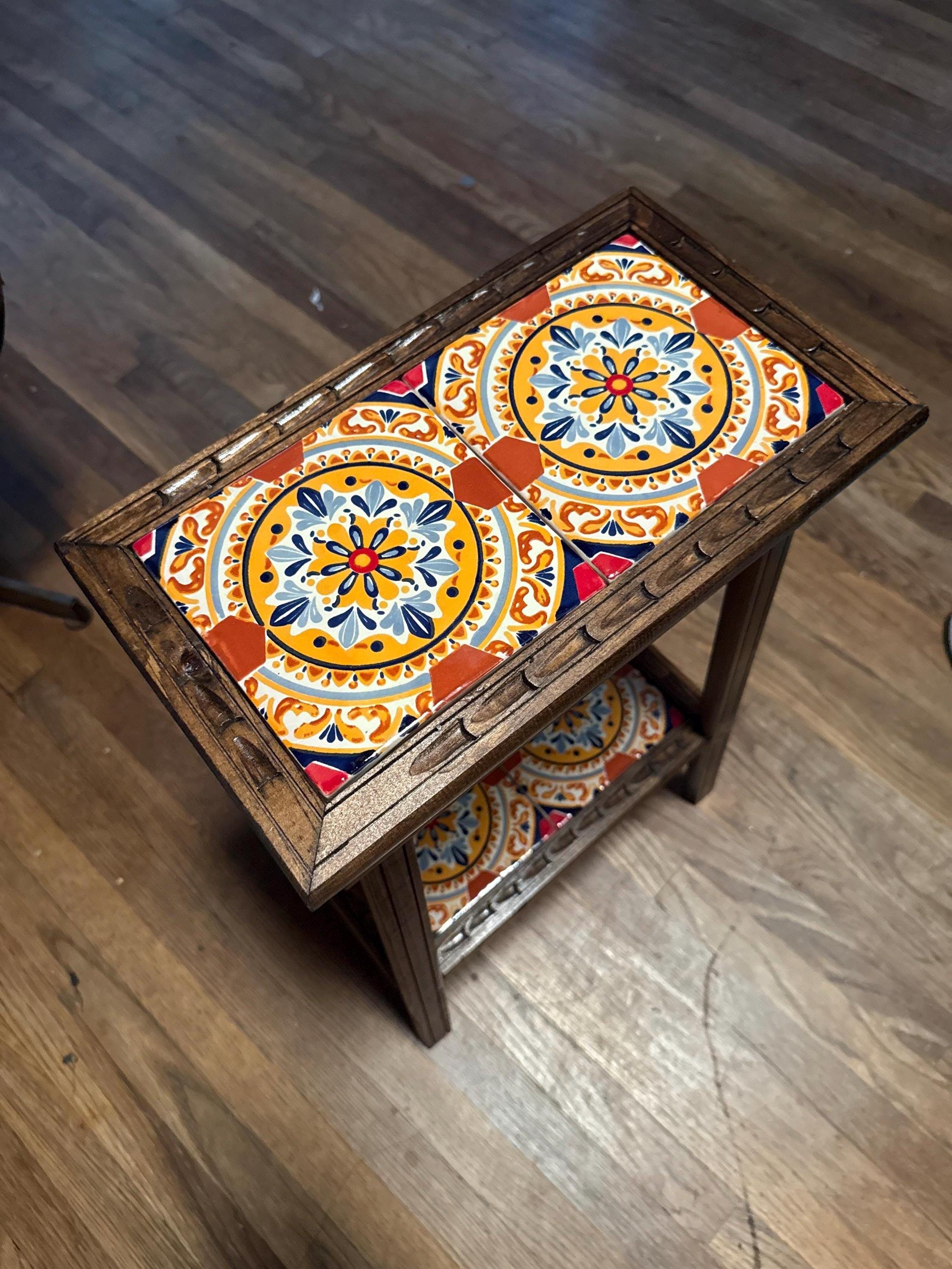 Hand-painted Mexican Tile End Table: Carved Wood Plant Stand, Side